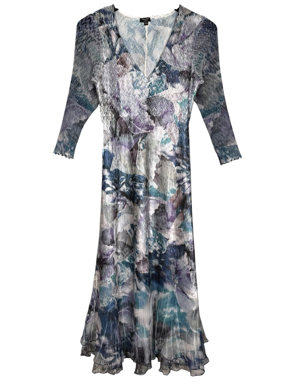 Komarov Size M Petite V-Neck 3/4 Sleeve Charmeuse Midi Dress Lace-Layered Hem
